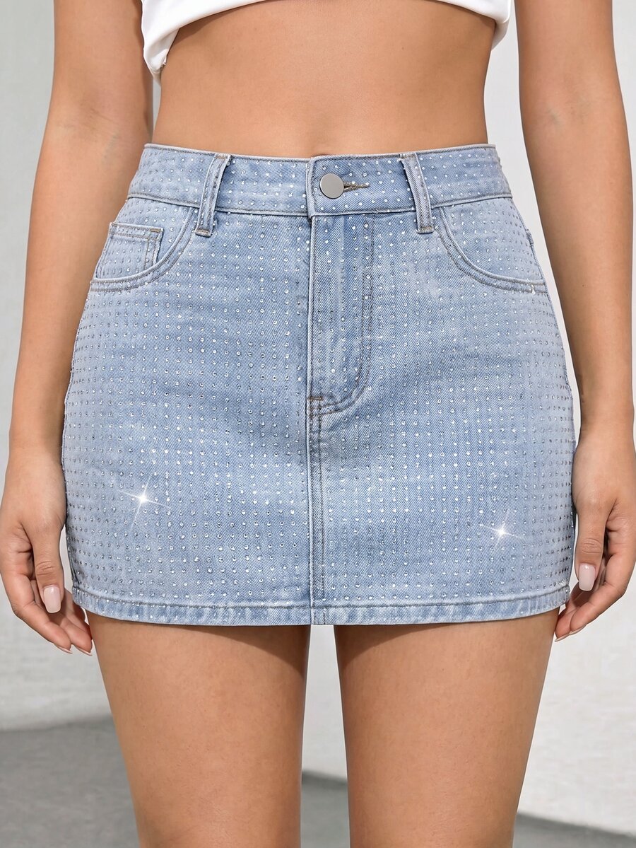 SHEIN ICON Women's Rhinestone Embellished Pocket Casual Versatile Denim Skirt - Light Wash - View 1