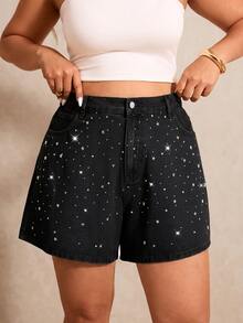 Elaquor Plus Size Fashion Rhinestone Button Pocket Black And White Shorts Formal Club Summer Casual Baggy - Black - View 4
