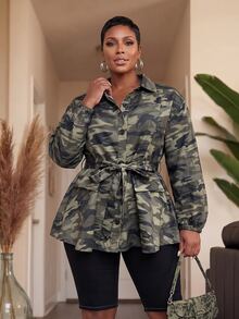 Slaydiva Spring/Autumn New Casual Streetwear Jacket For Women, Plus Size, Camouflage Pattern, Long Sleeve, Waist Splicing Ruffle A-Line Hem With Belt, Suitable For Daily Wear, Music Festival, Street, School, Back To School, Holiday, Modern Occasions - A - Army Green - View 4