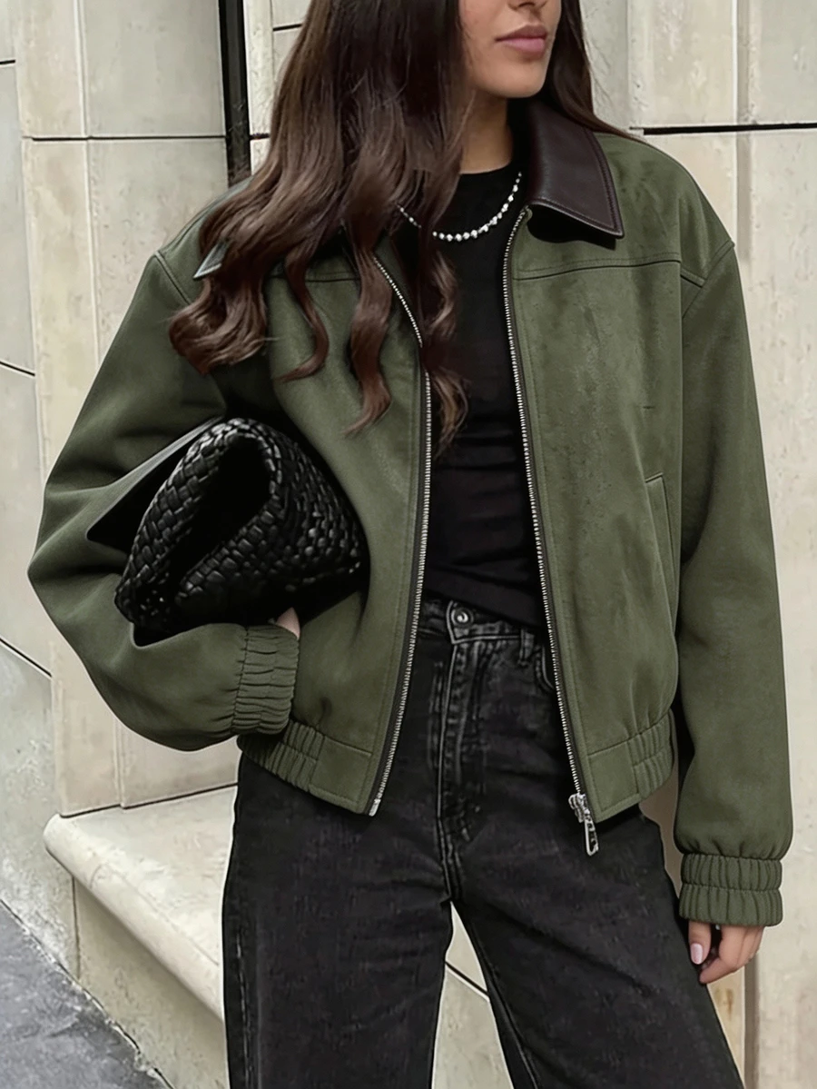 SHEIN Women's Autumn/Winter Casual Outing Commute Suede Fleece Loose Long Sleeve Jacket - Army Green - View 1