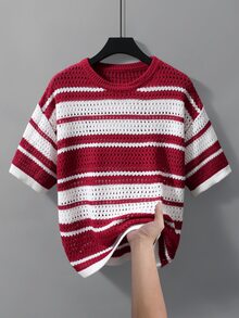 Manfinity Roughcore Men's Striped Crew Neck Short Sleeve Hollow Out Casual Knit Top - Red - View 7