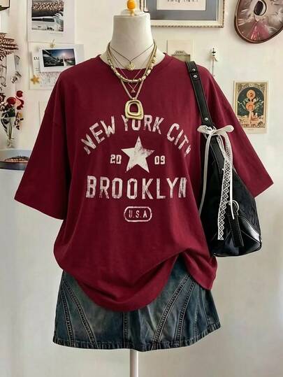 Lalippa Camiseta de Manga Curta com Gola Redonda, Ombro Caído, Ajuste Solto e Estampa Digital