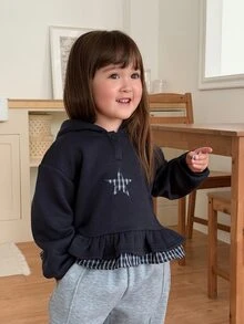 DAZY Sweatshirt Lengan Panjang Gaya Korea Motif Bintang Lima Berkerudung untuk Bayi Perempuan, Cocok untuk Musim Gugur/Dingin - Navy Blue - View 1