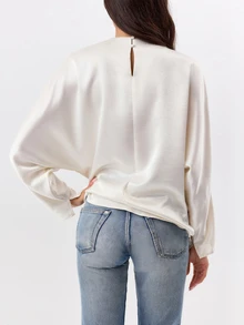 KÆRIA Hus Draped Cocoon Long Sleeve Top - Soft Sheen Drape - Ivory - Elegant, Business, Formal, Workwear Top, Fall, Summer, Chic, Modern - White - View 2