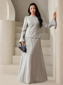 Veilorie Women's Solid Color Round Neck Flare Sleeve Blouse And Pleated Skirt Elegant 2 Pieces Set - Khaki - View 7