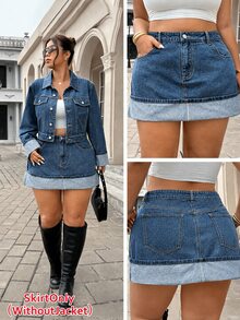 SHEIN ICON Plus Size Women's Casual Daily Pocket Button Half-Length Skirt - Medium Wash - View 1