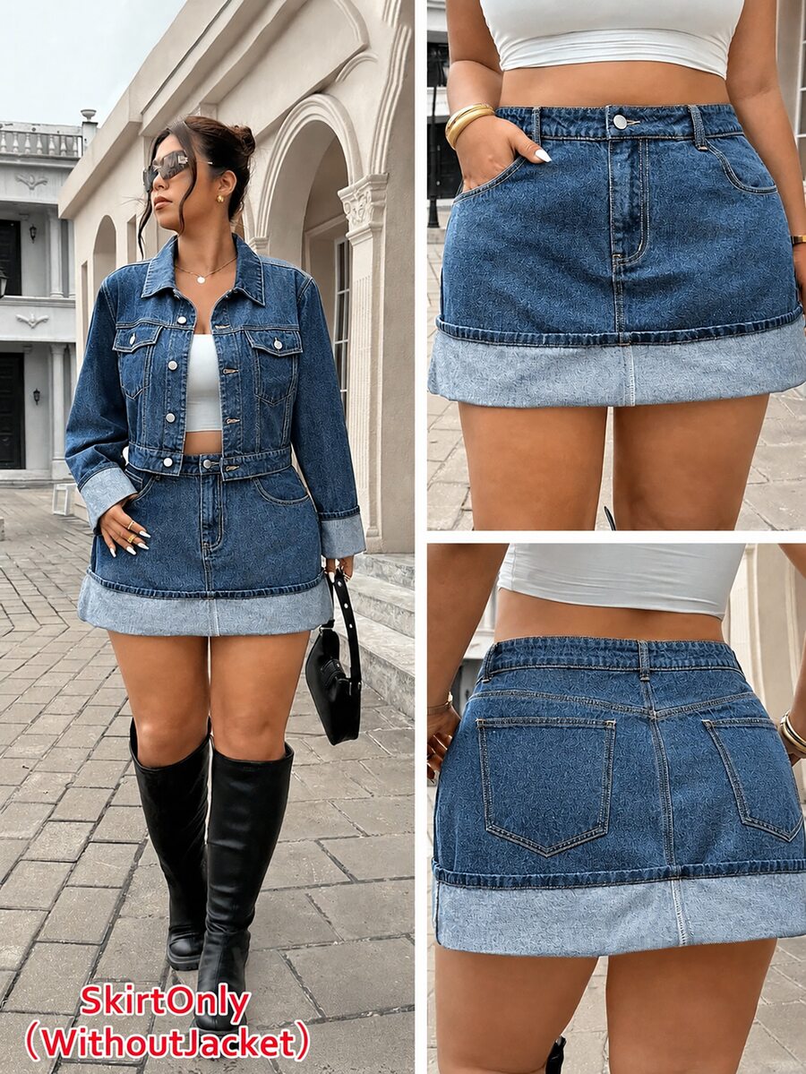 SHEIN ICON Plus Size Women's Casual Daily Pocket Button Half-Length Skirt - Medium Wash - View 1