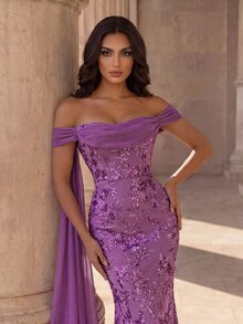 Coutiva Lake Blue Off-Shoulder Ruched Sequin Fitted Mermaid Side Drape Flounce Train Long Evening Gown - Purple - View 5
