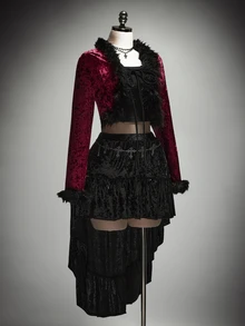 SHEIN ICON Plus-Size Black Y2K-Style Velvet Cropped Jacket With Faux Fur Trim And Lace-Up Detail Halloween Outfit - Burgundy - View 7