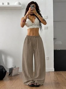 Coolane 女款休閒百搭純色寬鬆長褲 - 卡其色 - 查看 2