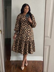 SHEIN Lady CURVE Plus Size Fashion Sexy Leopard Print Ruffle Hem Dress Work Outfits For Women - Multicolor - View 1