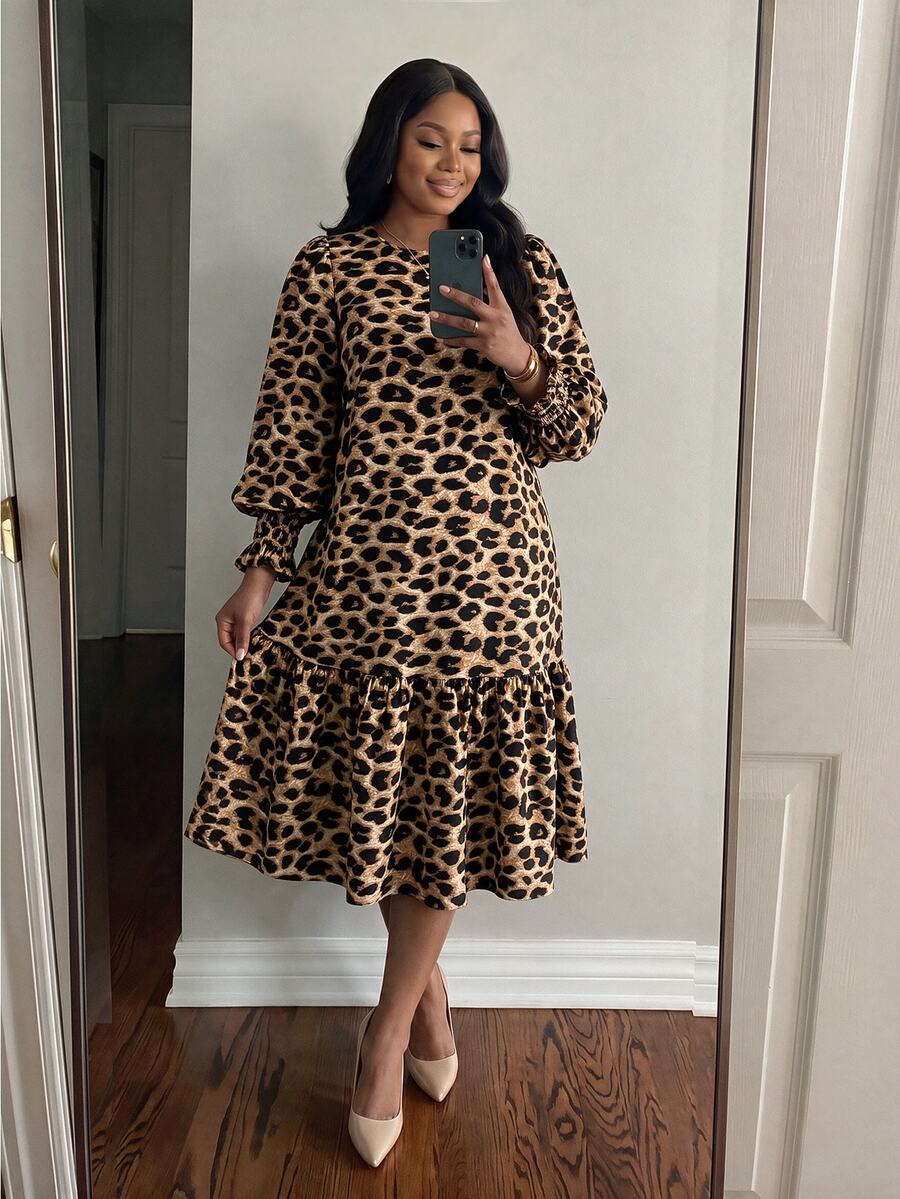SHEIN Lady CURVE Plus Size Fashion Sexy Leopard Print Ruffle Hem Dress Work Outfits For Women - Multicolor - View 1