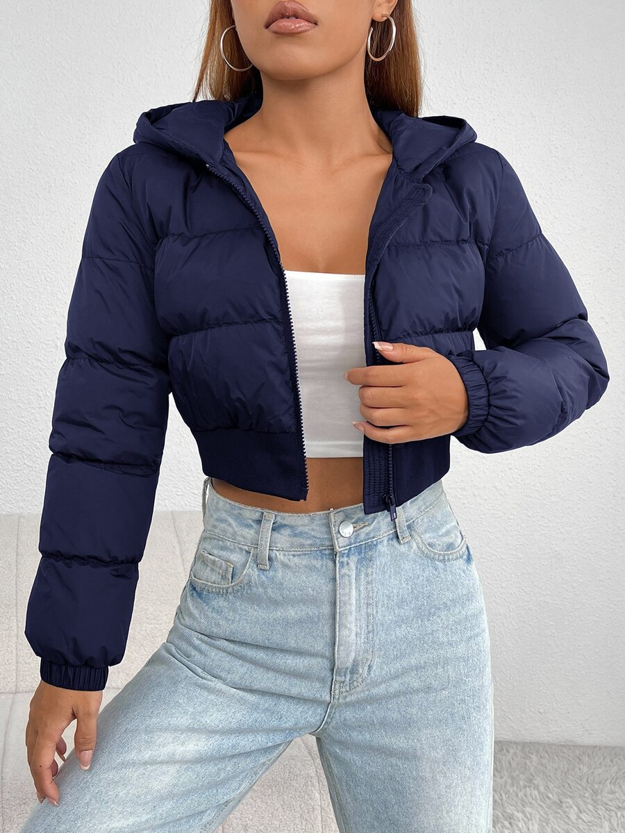 SHEIN PETITE 女款舒適冬季長袖短版連帽外套 - 藏蓝色 - 查看 1