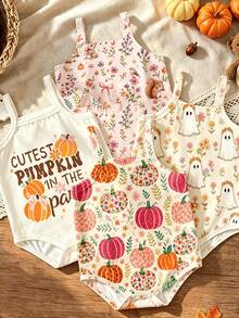 Souflis Souflis 4pcs Baby Girl Casual Cute Halloween Pumpkin Cartoon Ghost Butterfly & Letter Print Spaghetti Strap Rompers - Multicolor - View 3