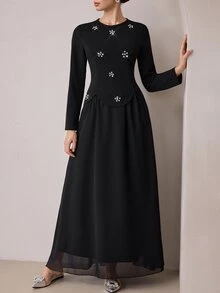 Graceveil Heavy Beaded & Rhinestone Embellished 2 In 1 Chiffon Full Skirt, Conservative Long Dress For Arab Women - Black - View 5