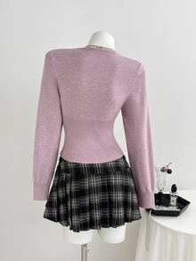 Elamini Sweater Wanita Lengan Panjang Warna Polos Motif Geometris 2 In 1 - Berwarna merah muda - View 2