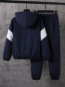 青少年男孩藍白拼接連帽夾克套裝，休閒日常戶外運動時尚款，適合秋季校園穿著 - 彩色 - 查看 2