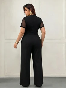 Femmeverse Plus Size Women's Fashion Elegant Round Neck Mesh Patchwork Short Sleeve, Waist Metal Buckle Decor Straight Leg Solid Color Jumpsuit, Suitable For Spring And Summer - Black - View 2