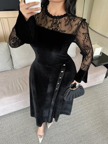 Dazy Plus Contrast Lace Elegant Party Dress Velvet Black Long Spring Autumn Dress - Black - View 4