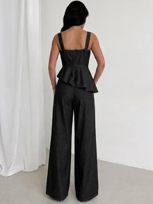 Firerie Women's Asymmetric Hem Vest & Long Pants Denim Set - Black - View 9