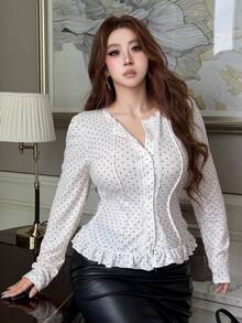 Dazy Plus Fashion Polka Dot Contrast Lace Waist-Cinching Sexy Elegant Slim Fit Long Sleeve White T-Shirt Autumn High Tea Formal - White - View 8