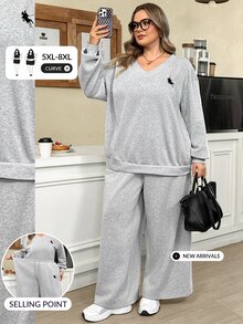 SHEIN CURVE+ Setelan 2 Potong Sweatshirt dan Celana Olahraga Kasual Serbaguna Ukuran Plus dengan Motif Rider, Pakaian Santai Wanita Musim Gugur/Dingin, Nyaman dan Serbaguna untuk Musim Gugur. - Grey - View 7