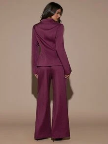 SHEIN BAE Women's Elegant Ruched Waist Long Sleeve Jacket And Striped Pants Suit Set - Burgundy - View 2