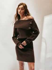 SHEIN 女款復古時尚金屬扣飾針織洋裝 - 咖啡棕 - 查看 7