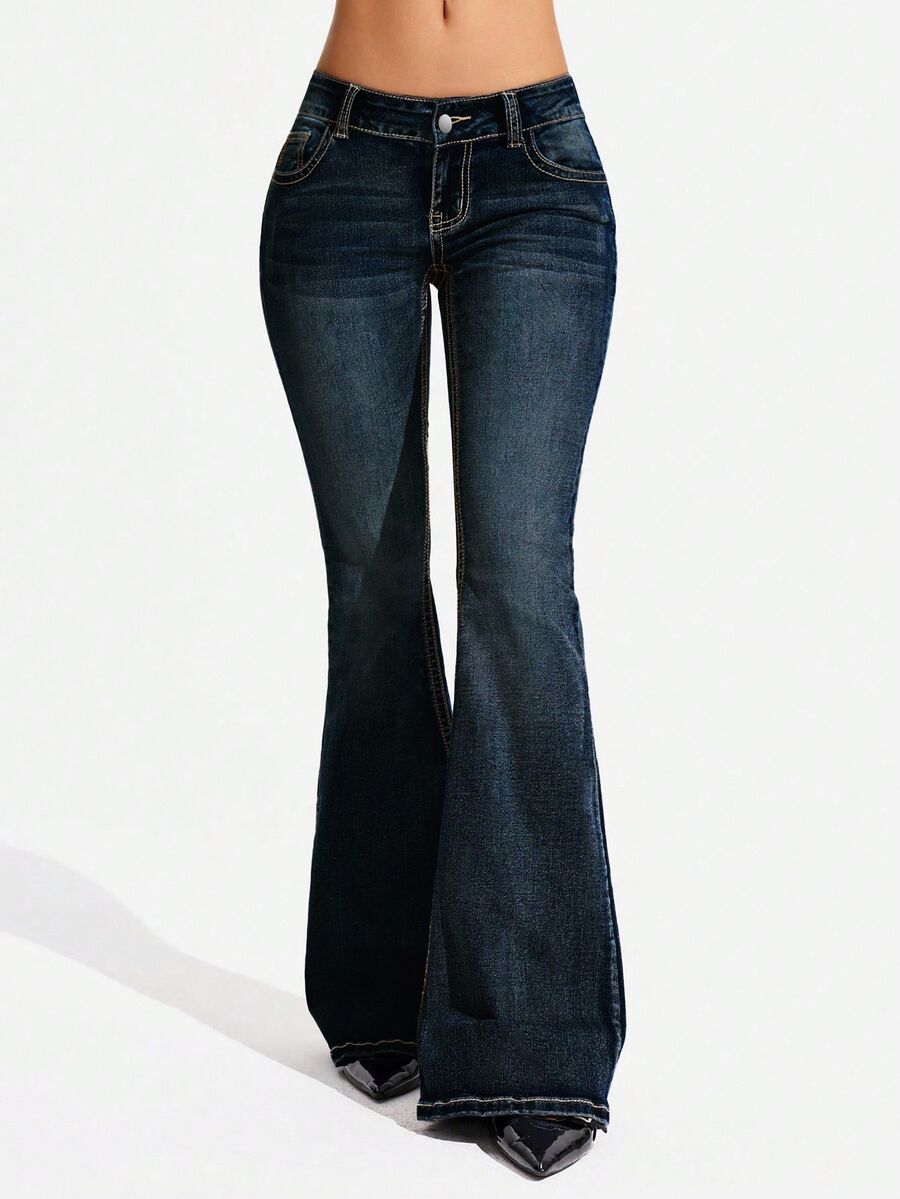 Jeanoix Jeans Denim Biru Flare Pinggang Tinggi Gaya Vintage Kasual Musim Gugur untuk Pergi Keluar, Washed, Ukuran Besar untuk Wanita - Dark Wash - View 1