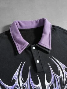 ROMWE MEN Men's Gothic Print Washed 2 In 1 Loose Fit Polo Shirt - Black - View 3
