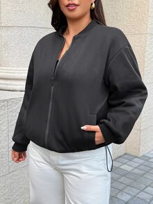 Easura Plus Size Women's Autumn/Winter Long Sleeve Short Baseball Jacket Cotton Padded - Black - View 7