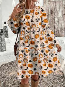 Breezaya Plus Size Women's Halloween Pumpkin Ghost Bat Print Lantern Sleeve Ruffle Cuff Tiered Swing Smock Dress,Spooky Cute Fall Casual Boho Party Dress - Multicolor - View 1