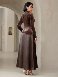 Veilorie Women's Elegant Autumn/Winter Party Beaded Rhinestone Decor Long Dress - Coffee Brown - View 2
