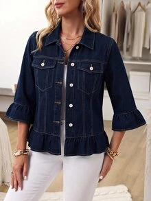 EMERY ROSE Áo khoác denim thời trang đường phố size lớn, cài cúc, gấu bèo nhún - Màu xanh lam - Xem 4