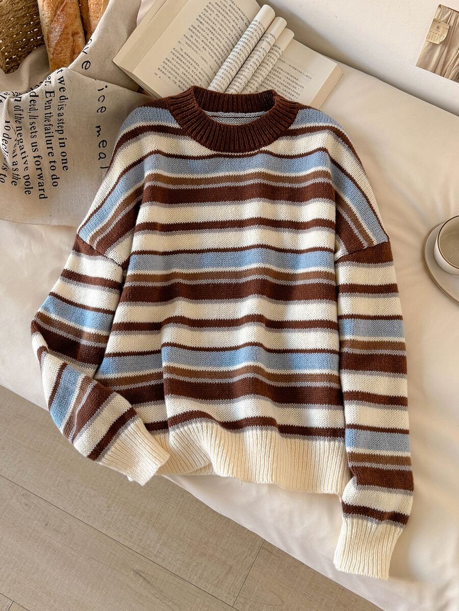 CosyJoli Vintage Brown & Blue Striped Drop Shoulder Crew Neck Sweater - Multicolor - View 1
