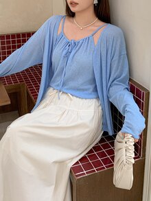 Dazy Plus Korean Style Solid Color Camisole Cardigan Casual Spring/Autumn New Blue 2 Pieces Set - Blue - View 3