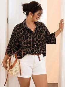Lounesse Brown Leopard Print Plus Size Shirt Suitable For Office Commute - Multicolor - View 5