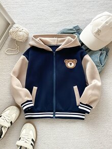 PrepCrw Young Boy Colorblock Bear Print Back Zipper Hooded Jacket - Multicolor - View 7