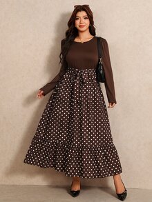 Elaquor Plus Size Women's Round Neck Puff Long Sleeve Polka Dot Hem Elegant Dress Fall/Winter Polka Dot Brown Dress For Women Elegant Going Out Brunch Dress - Brown - View 5