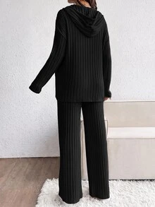 SHEIN 孕婦純色羅紋長袖抽繩連帽上衣與長褲休閒兩件套 - 黑色 - 查看 2