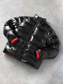 Manfinity Roghcode Mantel Lengan Panjang dengan Kantong Resleting dan Warna Kontras, Berbantalan, Musim Gugur/Musim Dingin, Hadiah untuk Teman - Hitam - View 4