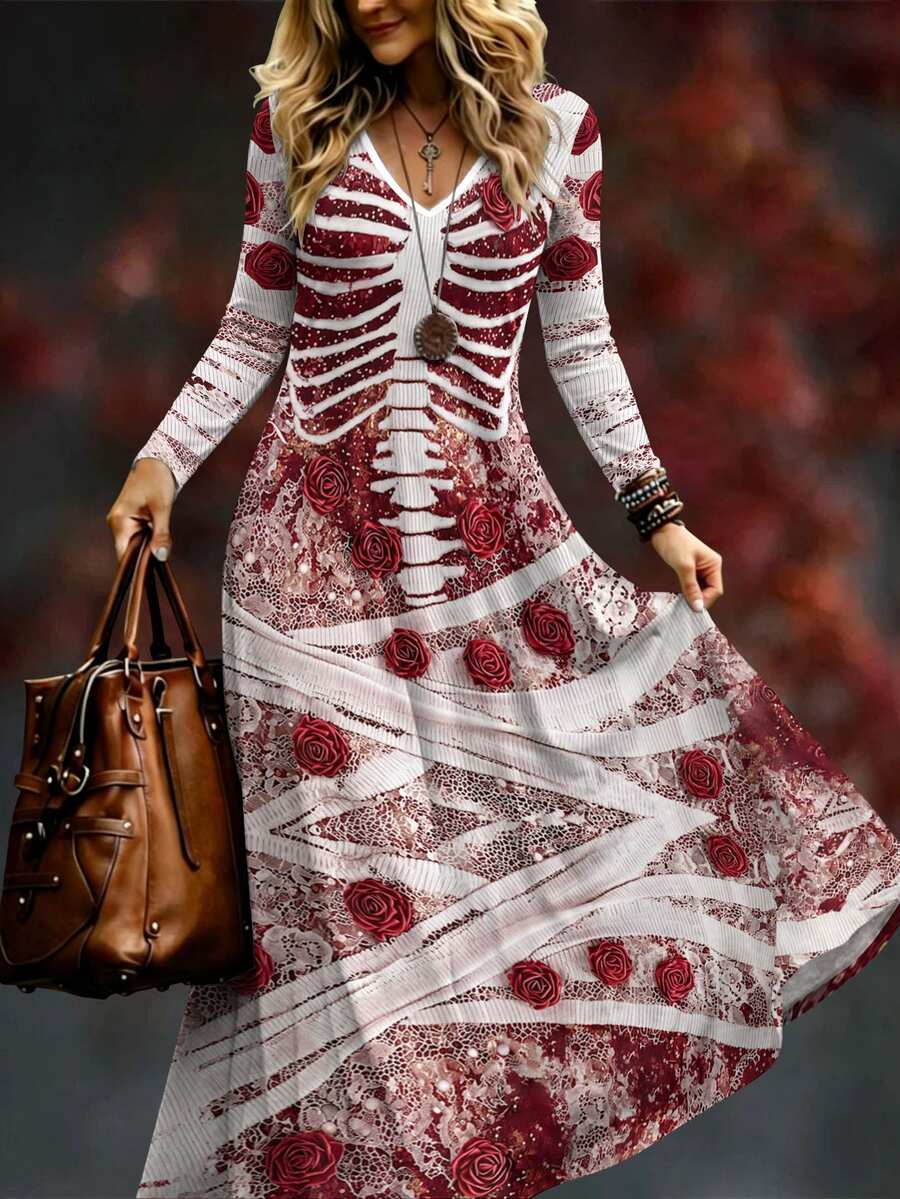 EMERY ROSE Plus Size Women Halloween Gothic Skeleton & Floral Rose Print V Neck Long Sleeve A-Line Maxi Dress,Retro Skull Graphic Party Swing Long Dresses - Multicolor - View 1