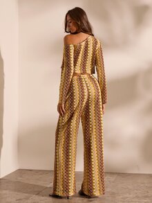 Opulessa Women's Sexy Jacquard Asymmetric Neck Cropped Top And Long Pants 2 Pieces Set - Yellow - View 6