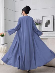 Al Najma 女款長版寬鬆休閒日常蕾絲飾邊黑色晨袍 - 霧霾藍 - 查看 2