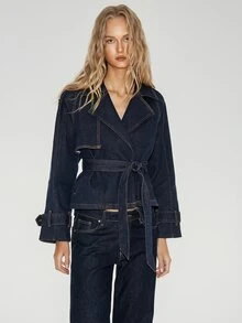 ATUI Studio Jaket Denim Kasual Serbaguna untuk Wanita dengan Tali Pinggang untuk Pemakaian Sehari-hari - Dark Wash - View 8
