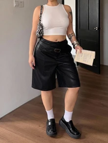 Dazy Plus Solid Color Versatile Oversized Street Casual PU Leather Black Shorts - Black - View 1