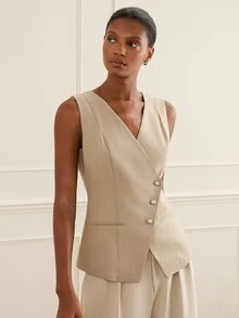 Lilora Women's Elegant High-End Sleeveless Asymmetric Blazer Fashionable Versatile Jacket Suitable For Commuting Daily Casual Business Office Fall Beige - Khaki - View 8