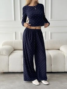 DAZY Women's Polka Dot Top And Pants Casual 2 Pieces Set - Navy Blue - View 4