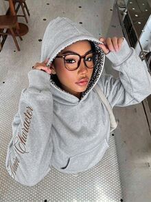 SHEIN 青少年女孩豹紋英文字母連帽寬鬆休閒衛衣 - 灰色 - 查看 4