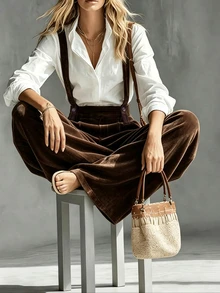 LUMIGAL Women's Autumn/Winter Velvet Jumpsuit With Pockets And Adjustable Straps - Coffee Brown - View 4